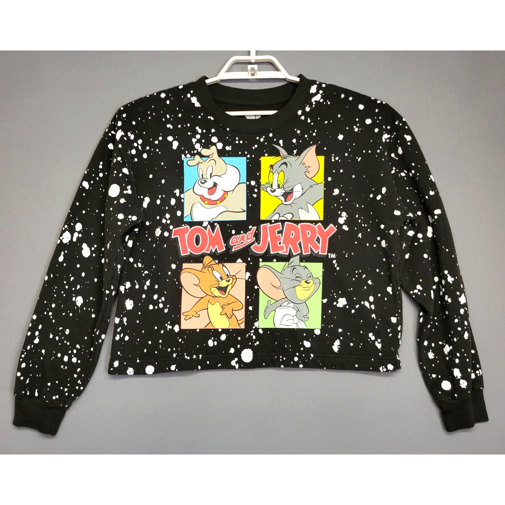 Tom And Jerry Cropped Sweatshirt Womens Juniors XL Black Graphic‎ Long Sleeves